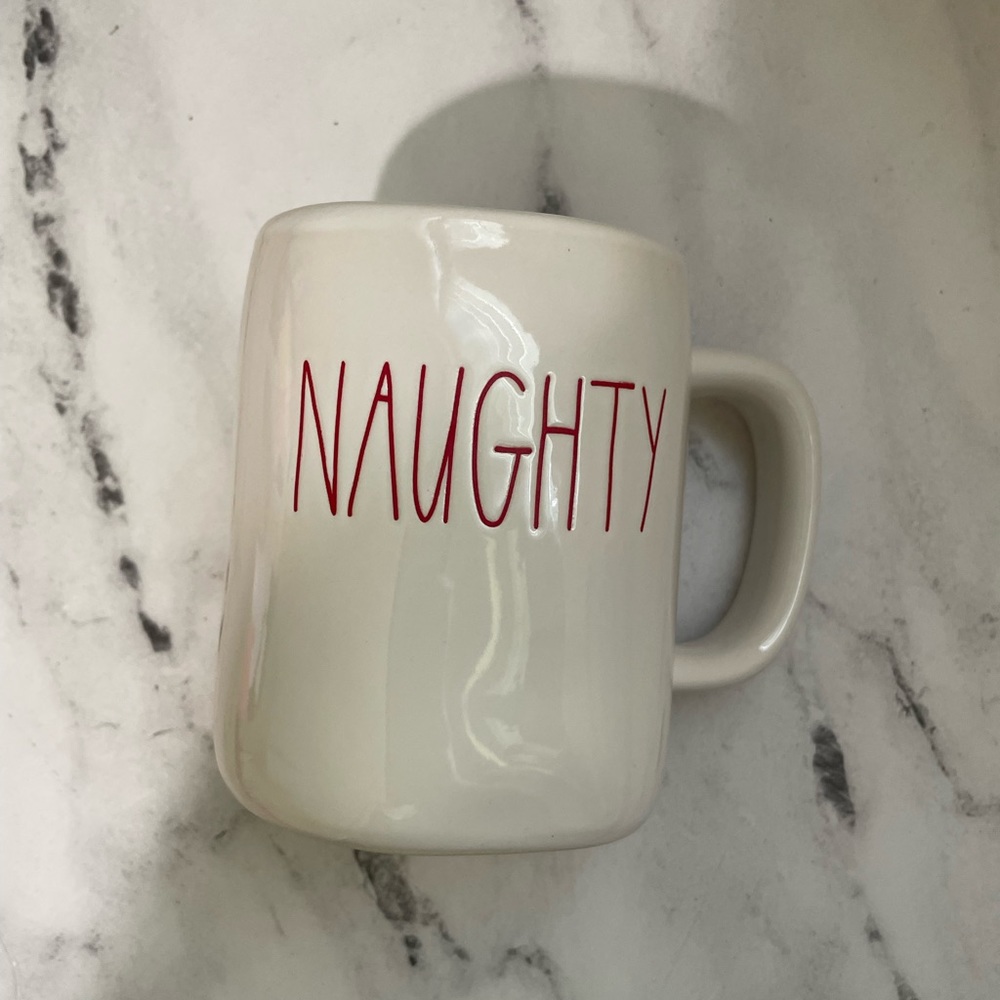 Rae Dunn “NAUGHTY” mug with Red inside